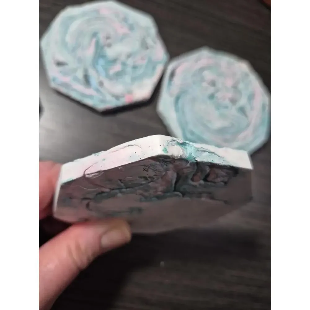 4 Teal/Pink White Marbled Eco Resin Stone Look Hexagon Coasters 4” Handmade